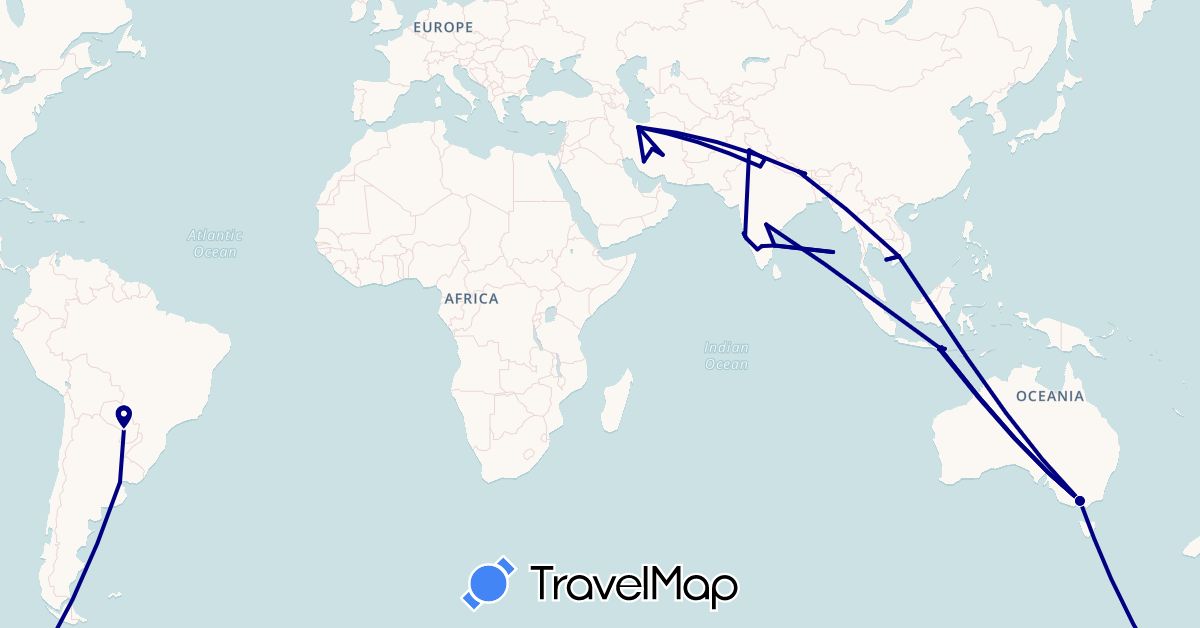 TravelMap itinerary: driving in Argentina, Australia, Indonesia, India, Iran, Nepal, Paraguay, Vietnam (Asia, Oceania, South America)